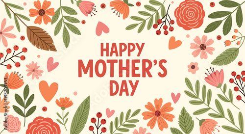 Vector Happy Mother's Day greeting card with floral wreath and hearts