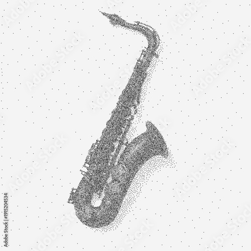 Saxophone drawing with grainy texture, stippled dust, faint scratches and stains scattered across aged paper sheet with rough vintage imperfections and grit.