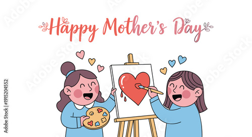 Two girls celebrating Mother's Day with a heart painting on an easel