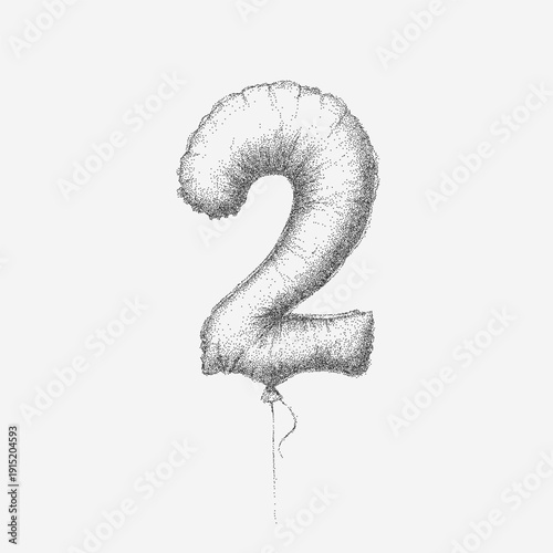 Balloon in shape of number two with gritty grain, speckle dust, faint scratches and faint stains over rough aged vintage paper surface with textured grit.