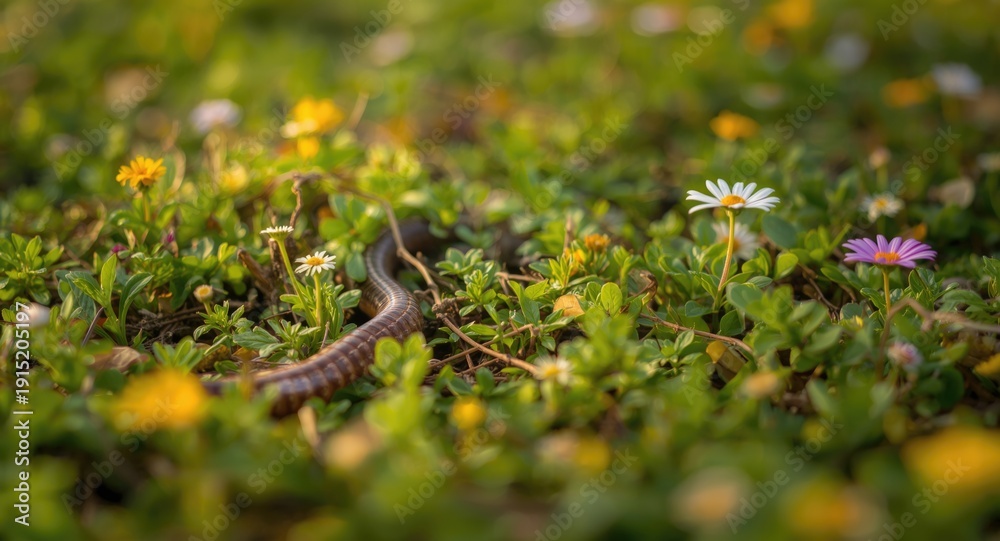 Obraz premium Naturalistic portrayal of an earthworm winding through a lush garden patch