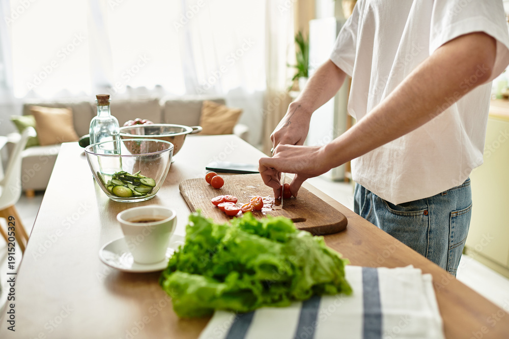 Naklejka premium Creating a vibrant salad in a modern kitchen by a young man