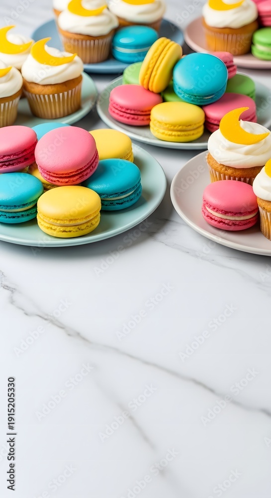 Obraz premium Assorted colorful macarons and cupcakes on plates against a white marble background with Eid Mubarak celebration sweets.