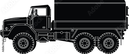 Military Cargo Truck Silhouette, Heavy Duty Army Transport Vehicle, Tactical Logistics Support, Off Road Truck Illustration, CAD Drawing Flat Vector Illustration,
