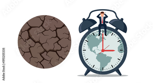 A businessman in a suit stands beside a large alarm clock on cracked ground with a white background.