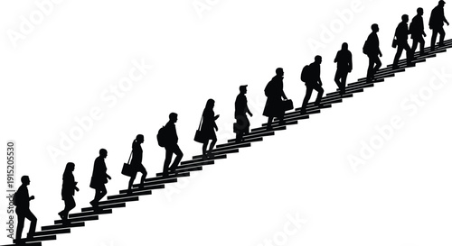 Business People Silhouette Climbing Up Stairs to Success, Career Growth and Professional Progress, Ambition and Achievement, Goal Oriented Development Concept,