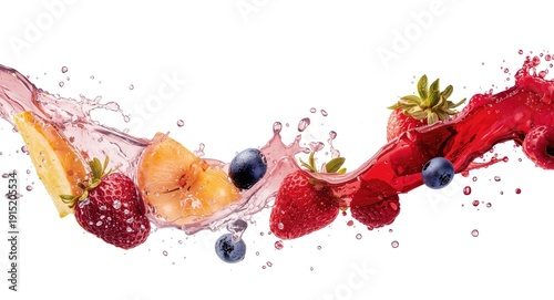 Fruit compote and berry juice splashing vividly on white background