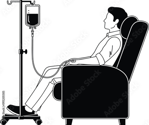 Patient Receiving IV Therapy, Intravenous Fluid Infusion, Medical Treatment in Hospital Chair, Healthcare Procedure, Chemotherapy Session, CAD Drawing Flat Vector Illustration,