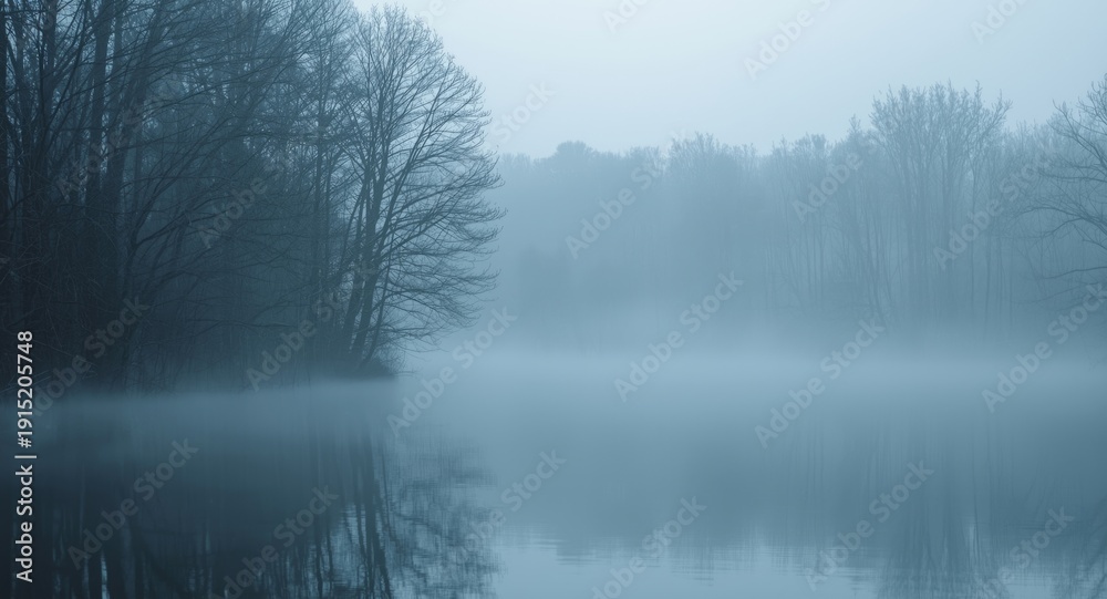 Fototapeta premium Peaceful water scene veiled in mist with dark tree outlines after rainfall