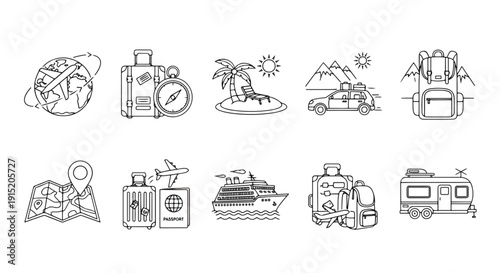 Travel and transport flat design vector icon set illustration - Clipart. Icon vector -  Icon collection - icon set - Line and glyph icon and logo template - Editable Icon