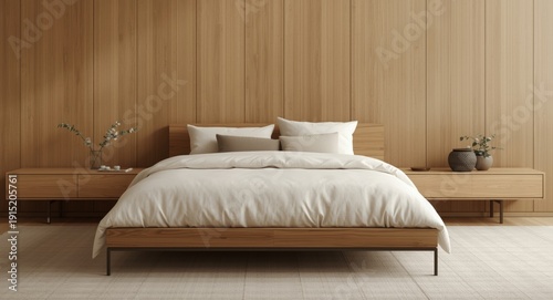 Quiet bedroom corner with king bed, white bedcover and pillows, surrounded by light timber walls and a lengthy bedside table