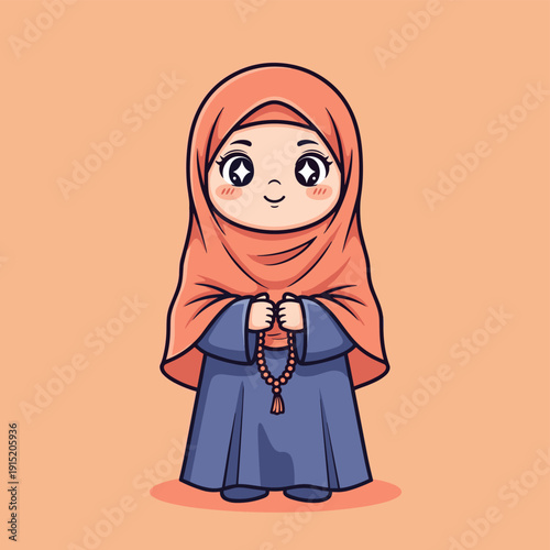 Cartoon Muslim Girl with Prayer Beads.