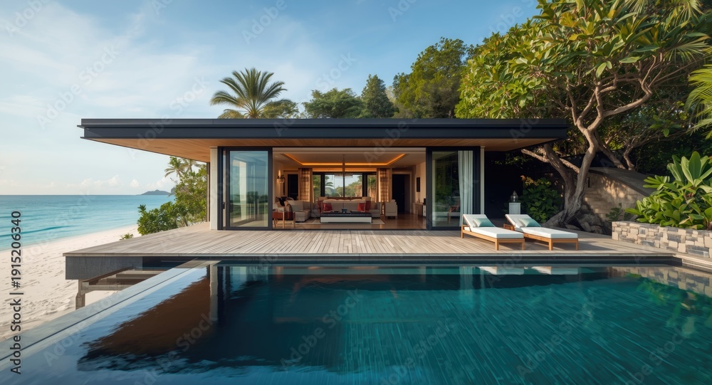 Fototapeta premium Sophisticated home design with a private swimming deck and scenic beach views for a relaxing summer