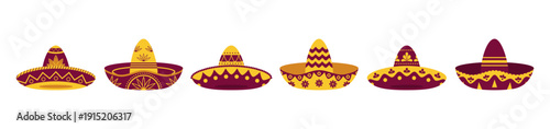 Mexican sombrero hats set with traditional embroidery ornaments for Cinco de Mayo. Vector illustration
