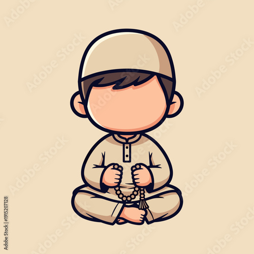Young Muslim Boy Meditating with Prayer Beads.