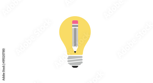 Pencil inside a lightbulb illustration representing creativity and idea generation in a simple graphic design