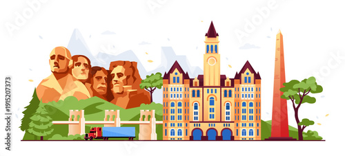 Mount Rushmore & Old Post Office - Colorful Flat Design Illustration