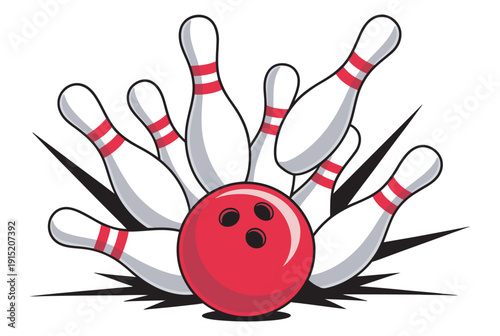Strike in a game of bowling, crashing pins motion, tenpin sport action scene, competitive tournament concept illustration