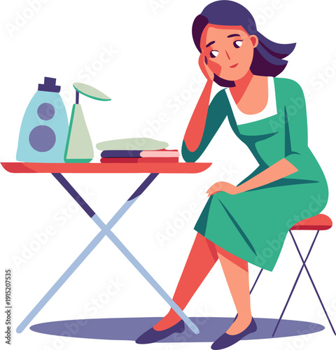 Pensive woman housewife sits near ironing board and iron, reflecting on lack of personal development stock illustration, white background.