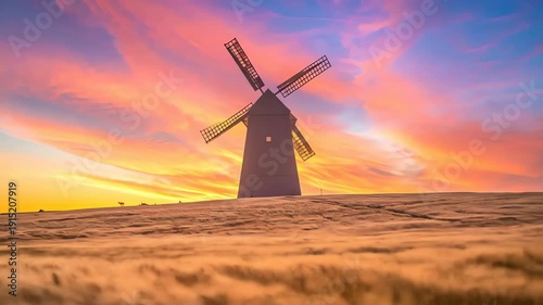 Windmill at Sunset in Field.