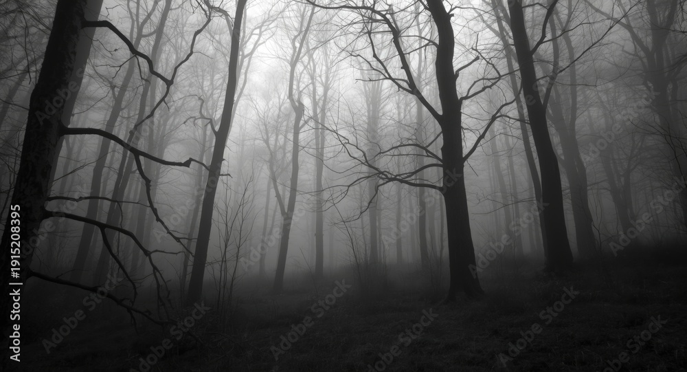 Obraz premium Enigmatic black and white woodland with dense mist and tall trees forming a foggy mysterious scene