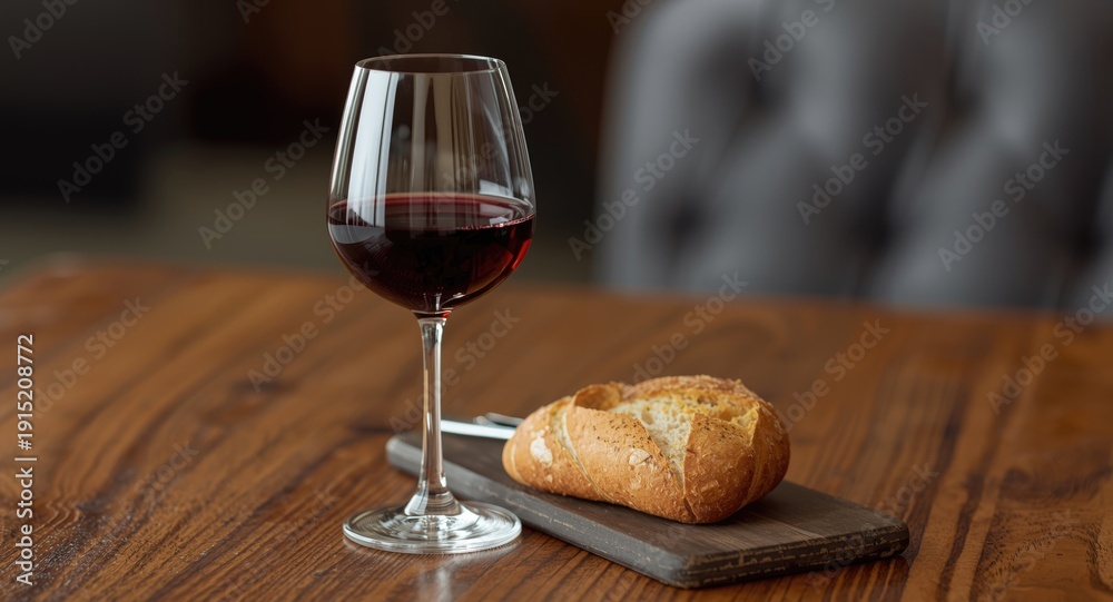 Naklejka premium Wine glass and piece of bread on wooden table featuring copy space for text or design