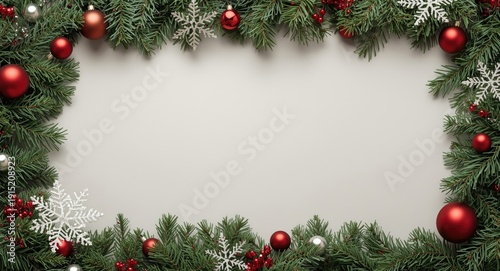 Ornamented evergreen frame in classic coloring style decorated with red and silver holiday balls and fanciful snowflakes plus copious copy space