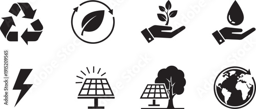 Set of eco friendly vector silhouette design icons bundle of environmental symbols