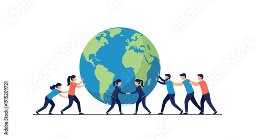Diverse group of people pushing a large globe together in a line on a white background with a colorful and collaborative mood.