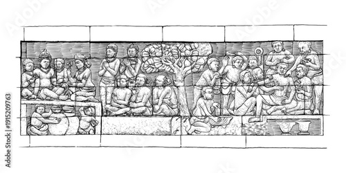 Photos Borobudur Relief Scene Illustration – Ancient Javanese Community Life Stone Carv