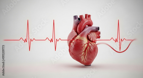 Anatomical heart model with heartbeat line in medical illustration  