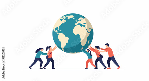Illustration of diverse people pushing a large globe together in a line on a white background with a collaborative and eco-friendly mood.