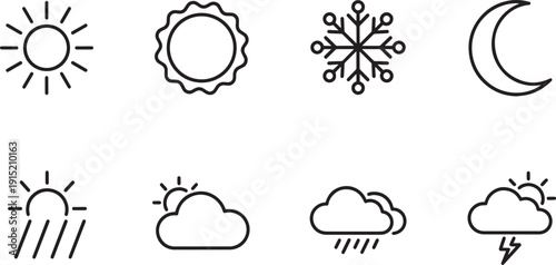 Set of weather icons bundle vector silhouette design sunny cloudy rainy snowy moon eclipse