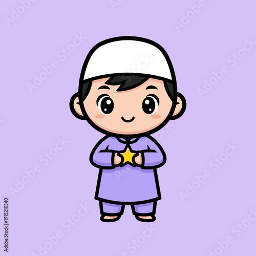 Cartoon Muslim Boy Holding Golden Star.