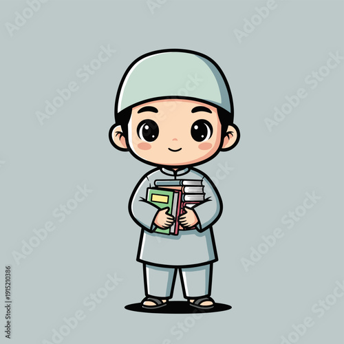 Cartoon Boy Holding Books and Pencil.