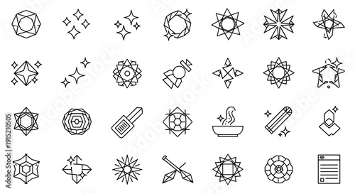 Collection of abstract geometric icons representing gems, stars, and other symbols