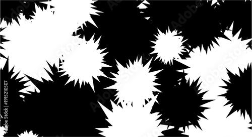 Abstract black and white spiky starburst shapes creating a dynamic, chaotic pattern