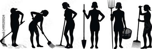 Women Gardening Silhouettes Collection, Female Farmers with Rake Shovel Hoe Pitchfork Basket, Isolated Black Agriculture Figures Set