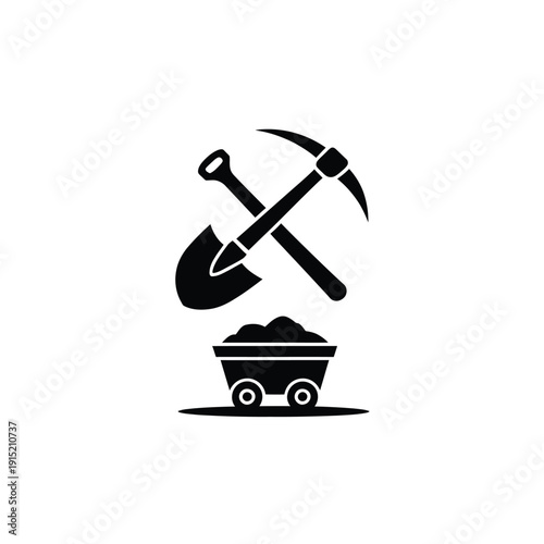 Mining tools pickaxe shovel and ore cart depicted in a monochrome style