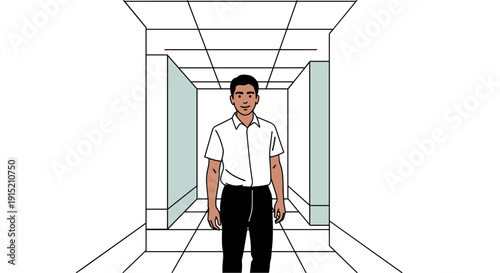 Man standing in a minimalist hallway with geometric lines and soft blue accents
