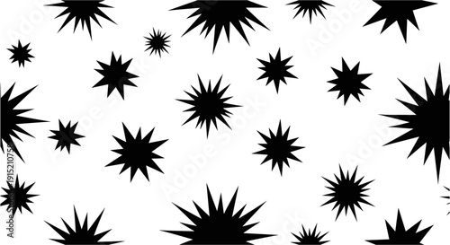 Abstract black spiky starburst shapes scattered across a clean white background