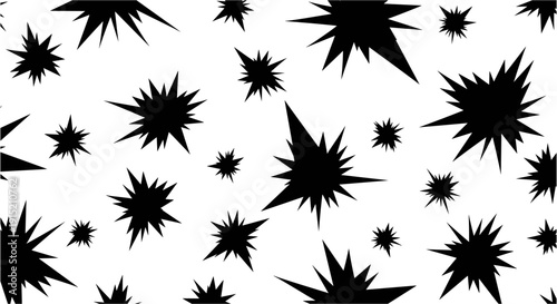 Seamless pattern of black abstract starburst shapes on a white background