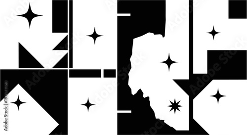 Abstract geometric composition with sparkles and sharp edges in black and white