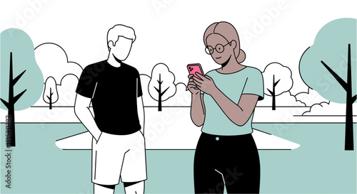 Couple in park looking at smartphone, enjoying outdoor leisure time together