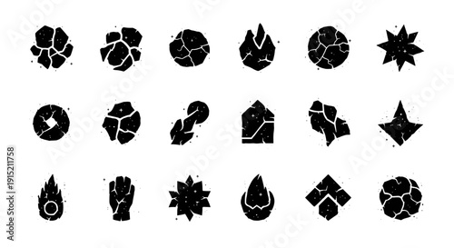 Collection of cracked, abstract celestial bodies and geometric shapes with starry texture