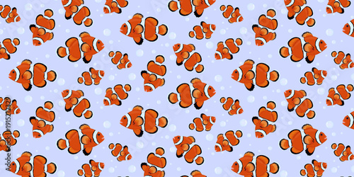 Seamless pattern Clownfish Bright Tropical Reef Fish with air bubbles
