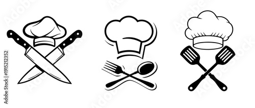 Chef Hat and Cooking Utensils Icons Set – Crossed Knives, Spoon, Fork and Spatula Black Line Vector Illustration
