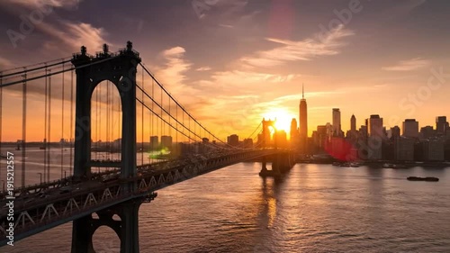 Breathtaking Sunset over Manhattan Bridge and New York City Skyline, Capturing Golden Hour