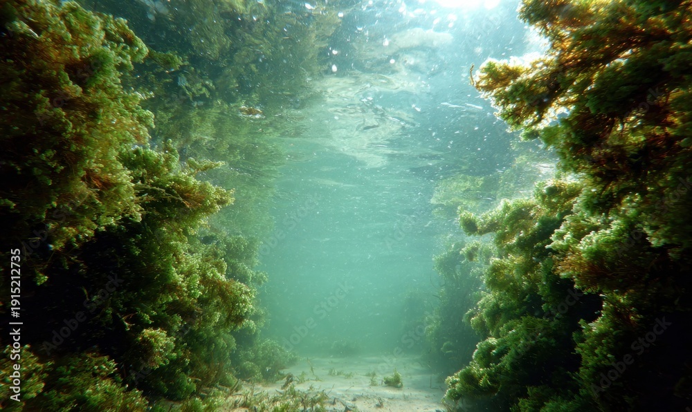Obraz premium Flat underwater texture with soft floating algae along left and right frame edges, clear water center, natural light diffusion