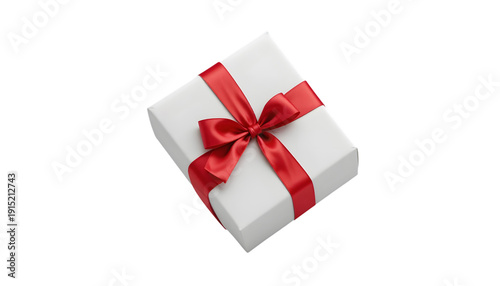 A pristine white gift box adorned with a vibrant red satin ribbon and a perfectly tied bow isolated on a sleek dark black background showcasing a feel